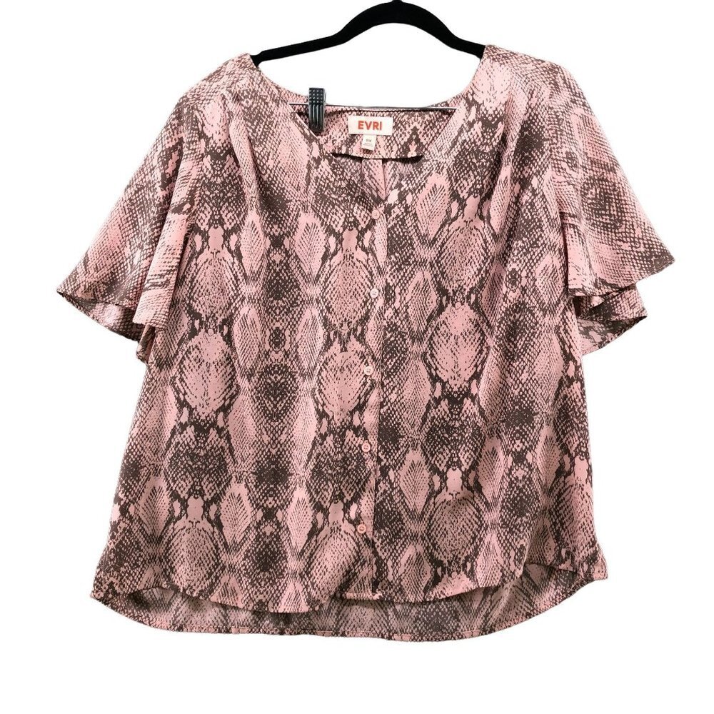 EVRI Short Sleeve Blouse Womens 0X XL-1X Pink Chiffon Animal Print‎ V Neck